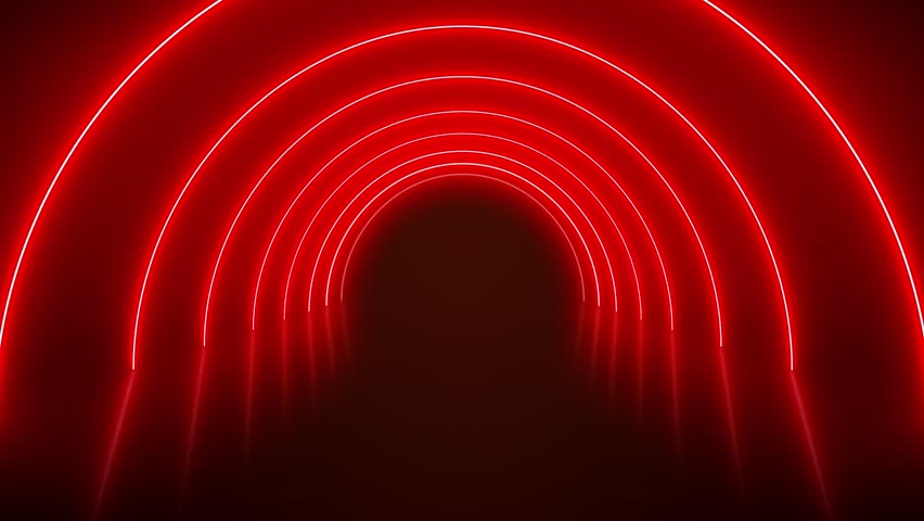 Video animation of glowing neon tunnel in red on reflecting floor. - Abstract background - seamless loop