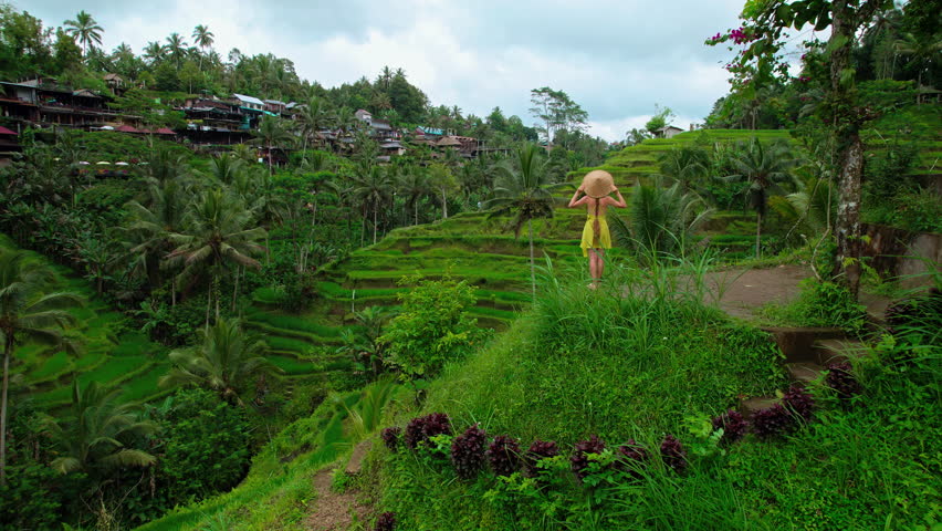 Travel woman in rice paddy with hat explores lush green rice terraces walking in agriculture landscape. Vacations on Bali Island Indonesia.