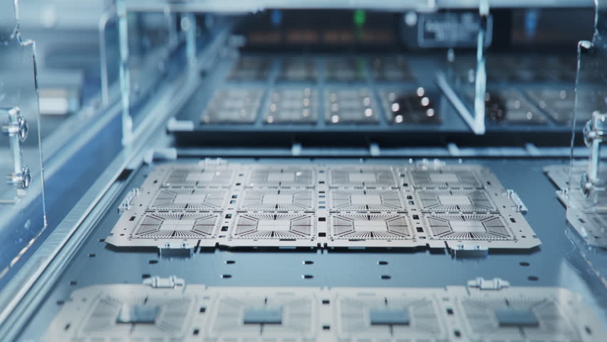 Extracted from Semiconductor Wafer Silicon Dies are being Attached to Substrate by Pick and Place Machine. Semiconductor Packaging Process. Computer Chip Manufacturing at Fab. Royalty-Free Stock Footage #1099203341