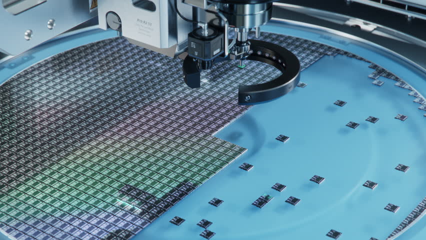 Semiconductor Packaging Process. Close-up of Silicon Die are being Extracted from Semiconductor Wafer and Attached to Substrate by Pick and Place Machine. Computer Chip Manufacturing at Fab. Royalty-Free Stock Footage #1099203345