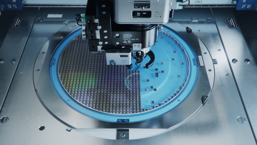 Semiconductor Packaging Process. Computer Chips, Silicon Die are being Extracted by a Pick and Place Machine from Semiconductor Wafer and Attached to Substrate. Computer Chip Manufacturing at Fab Royalty-Free Stock Footage #1099203349