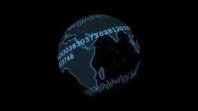 Animation of data processing and globe on black background. Global business and digital interface concept digitally generated video.