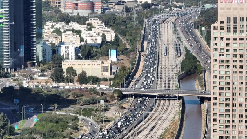 Tel Aviv  Ayalon Highway and train station Aerial View 