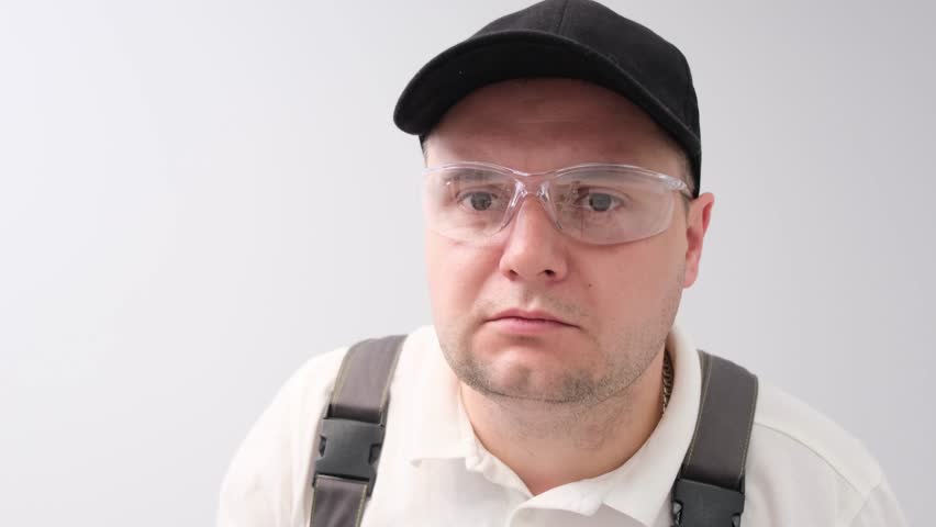 Crazy construction worker hits the camera lens with a hammer. Advertising construction business