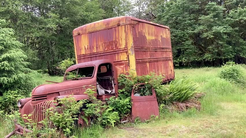 Side view of a rusted vintage truck sitting abandoned on the Kestner Homestead in the Olympic National Park with nature gradually reclaiming it - Nr Quinault, Washington, USA Royalty-Free Stock Footage #1099209533