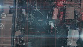 Animation of data processing with icons over cityscape. Global online security, business, finance, computing and data processing concept digitally generated video.