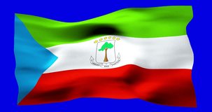 Flag of Equatorial Guinea realistic waving on blue screen. Seamless loop animation with high quality