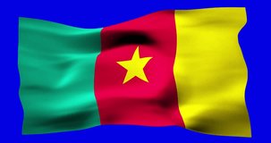 Flag of Cameroon realistic waving on blue screen. Seamless loop animation with high quality