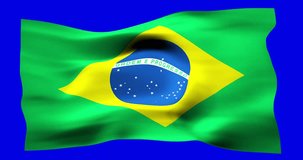 Flag of Brazil realistic waving on blue screen. Seamless loop animation with high quality