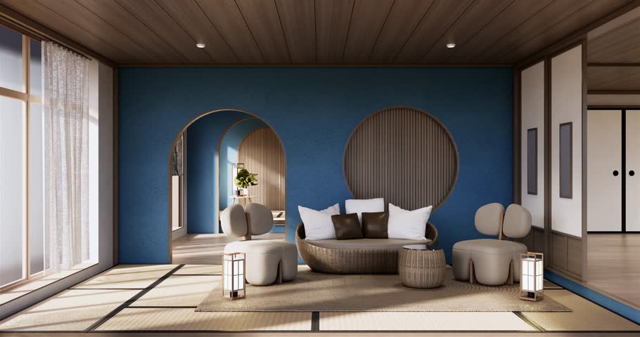 Living room, Wabi sabi sofa wooden design on blue room interior modern style.3D rendering Royalty-Free Stock Footage #1099215557