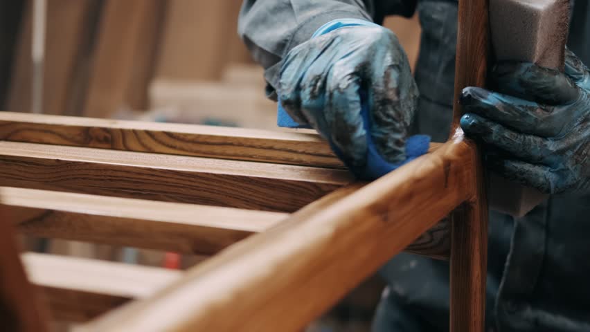 Professional carpenter working in workshop with wooden products, joiner applying brown colour paint on wood furniture, worker varnishing wood for further furniture. Royalty-Free Stock Footage #1099216379