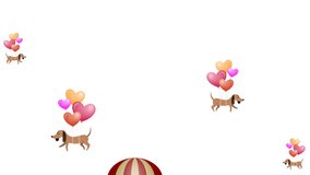 Animation of hearts over dogs and balloons on white background. Celebration and party concept digitally generated video.