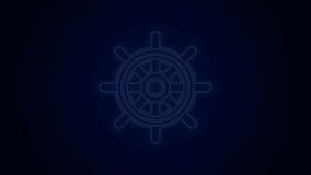 Glowing neon line Ship steering wheel icon isolated on black background. 4K Video motion graphic animation.