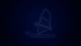 Glowing neon line Windsurfing icon isolated on black background. 4K Video motion graphic animation.