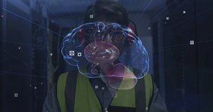 Animation of connections and digital brain over asian man in server room. Global technology, online security and digital interface concept digitally generated video.
