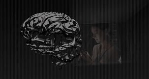 Animation of data processing and digital brain over caucasian woman in server room. Global technology, online security and digital interface concept digitally generated video.