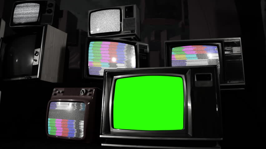 Old Television Set with Green Screen and Many Retro TVs with Static Noise and Color Bars. Black and White Tone. Royalty-Free Stock Footage #1099223185