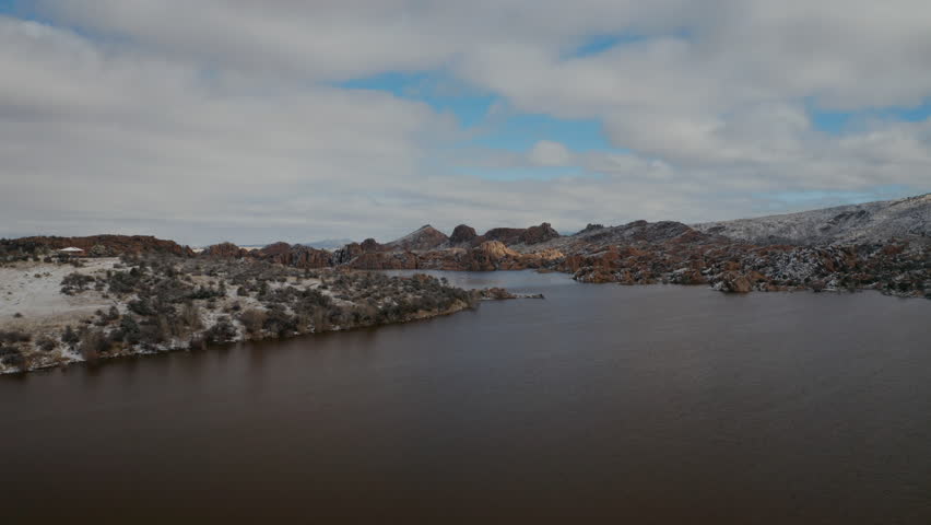 Snowy Watson lake Aerial footage in Prescott Arizona 