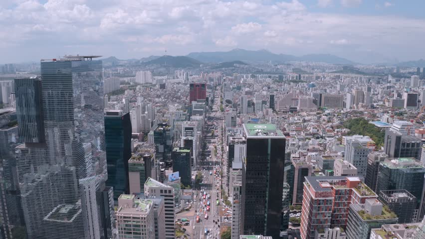 Korea drone footage, seoul city landscape, Han river,