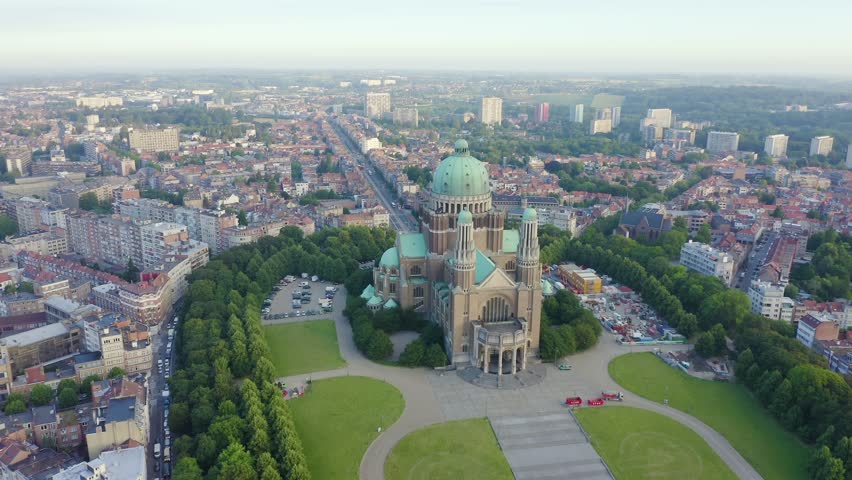 Inscription on video. Brussels, Belgium. National Basilica of the Sacred Heart. Early morning. Heat burns text, Aerial View, Point of interest