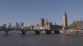 Aerial drone shot flying towards Westminster Bridge, Westminster Abbey and Big Ben over the River Thames with busy traffic crossing London Bridge on a bright clear sunny day. - Powered by Shutterstock - Get 15% off with code: PIKWIZARD15