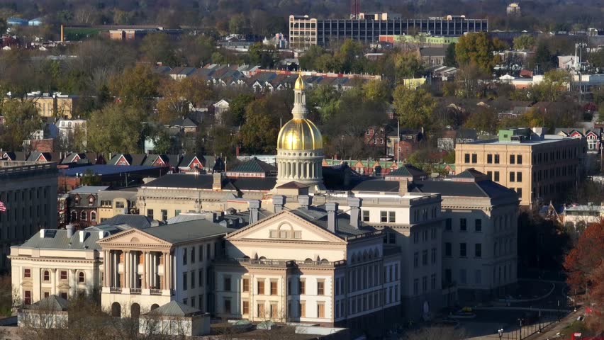 New Jersey State House capitol building in Trenton NJ. Long aerial zoom, unique view.