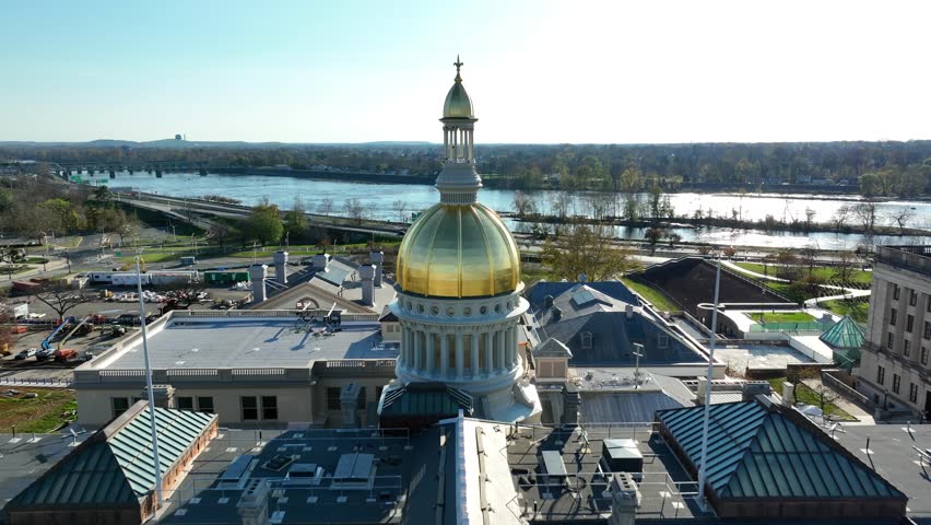 Aerial view of Trenton New Jersey capitol dome and Delaware River.
