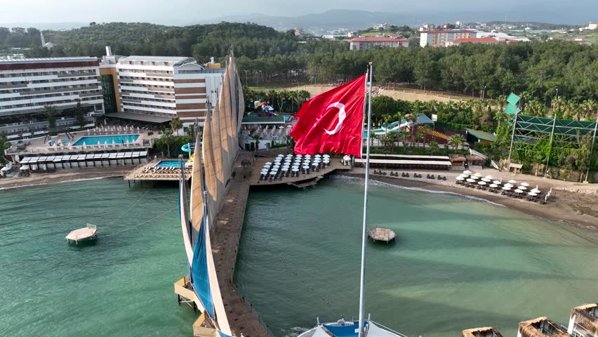 Turkish flag aerial view 4 K Turkey Alanya Summer time