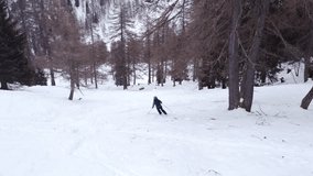 Expert Girl Ski Touring Ski mountaineering alone on fresh snow skiing in the forest in the Italian alps, exploring in freedom, coming down a slope 4K aerial video drone footage with DJI Mavic Mini 2 