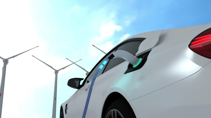 Car charging on the background of a windmills. Charging electric car. Electric car charging on wind turbines background. Vehicles using renewable energy. 3d Animation, 4K Ultra Hd. | Shutterstock HD Video #1099254857