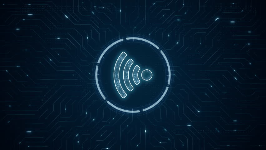 Motion graphic of Blue digital WIFI logo and futuristic technology circle HUD with circuit board and data transfer on abstract background vertical video concetp