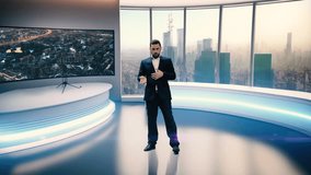 3d visualisation of TV studio where news anchor delivers the latest economic news