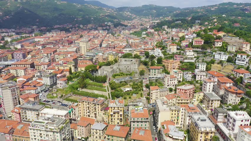 Inscription on video. La Spezia, Italy. Castle of San Giorgio. View from above. On the mechanical display, Aerial View