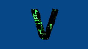 letter V - technological cyberpunk alphabet with green highlights, isolated - loop video