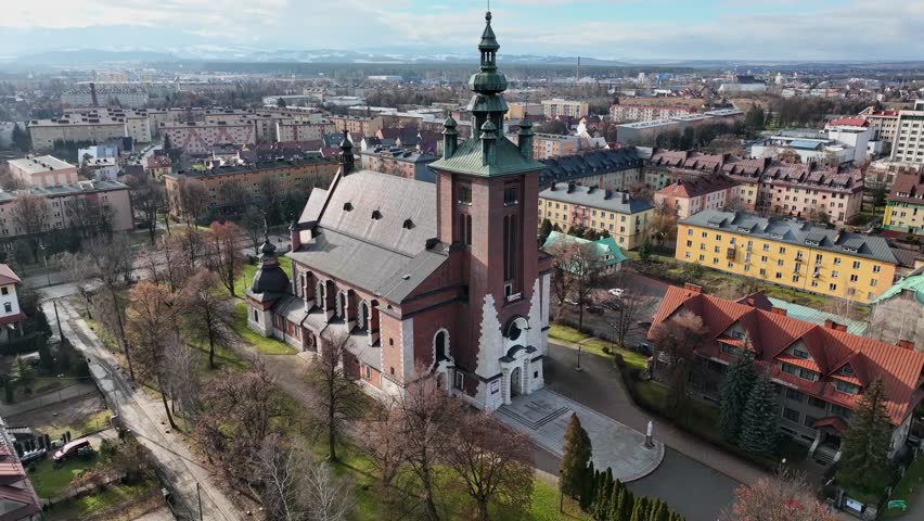 Aerial view of the church in Nowy Targ, Poland