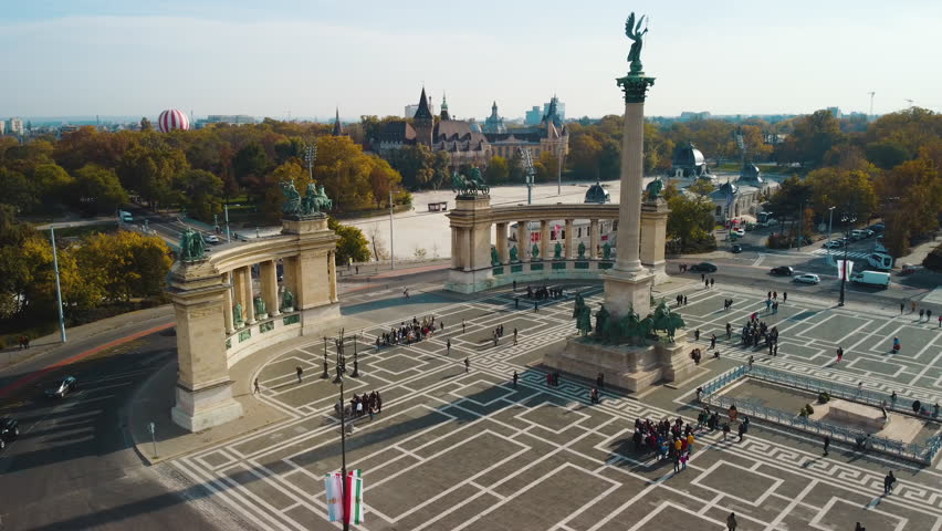 Square in Budapest, Hungary. Heroes .Column .Statue .Autumn . Attraction in Buda Sunny autumn day Architecture Area Danube River