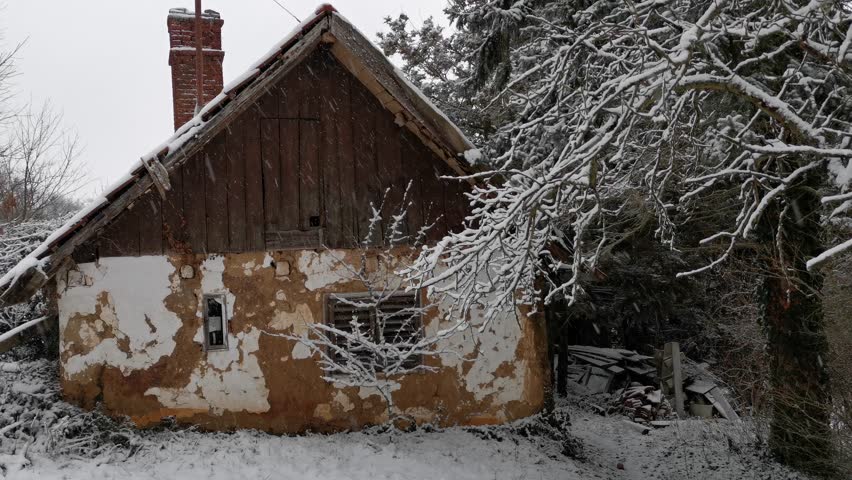 Old Hungarian farmhouse in heavy snowfall.