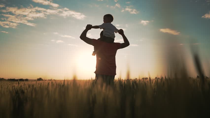 Father sits on neck and shoulders of the father. Family picnic in nature in grass. Active recreation in the park at sunset. The kid plays with his father in the summer at sunset. Happy family concept. Royalty-Free Stock Footage #1099280359
