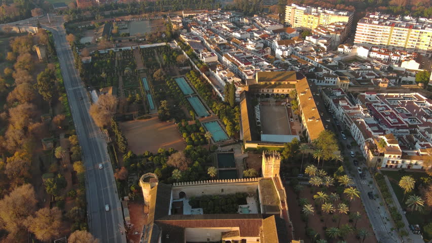Aerial view of Gardens of the Alcazar of Cordoba, Andalusia, Spain