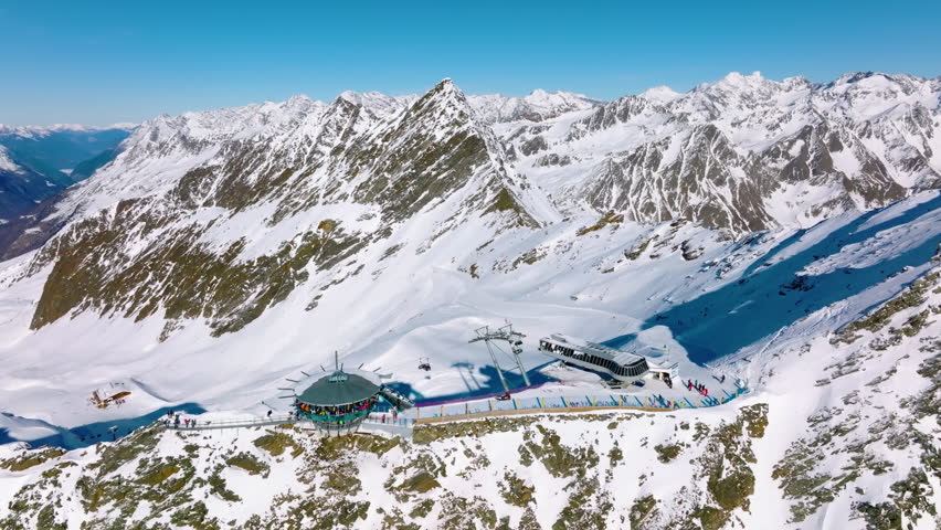 Aerial view of a mountain station in the Austrian Alps. Oetztal, Hochgurgl.