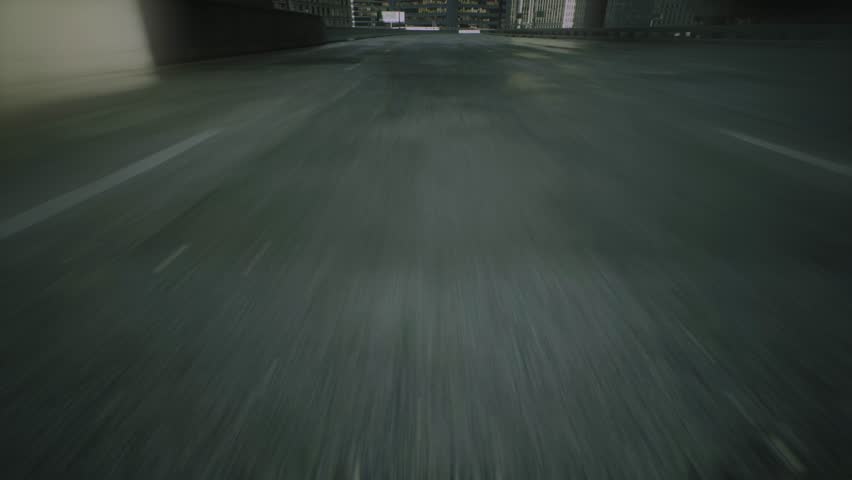 Digital city. Car or motorcycle driving very fast on highway after rain. Close-up cinematic POV shot of wet asphalt in the morning after rain on street Royalty-Free Stock Footage #1099282033