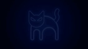 Glowing neon line Black cat icon isolated on black background. Happy Halloween party. 4K Video motion graphic animation.