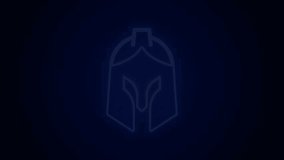 Glowing neon line Roman army helmet icon isolated on black background. 4K Video motion graphic animation.