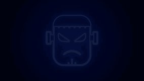 Glowing neon line Scary monster - Frankenstein face icon isolated on black background. Happy Halloween party. 4K Video motion graphic animation.