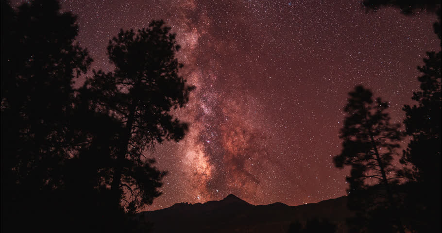 Time-lapse of the Milky Way Galaxy as it positions itself between the pine trees and over Whitehouse Mountain in the San Juan Mountains of Colorado on a clear summer night under the stars.