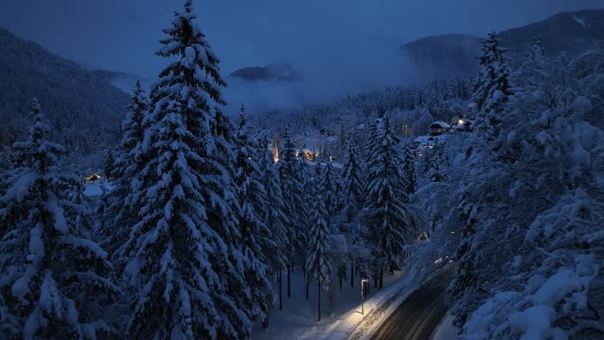 Aerial view of fairy forest in snow, frozen lake and house with lights at night in winter. Top view from drone of mountain village, pond, illumination, snowy pine trees, low clouds at dusk in Slovenia