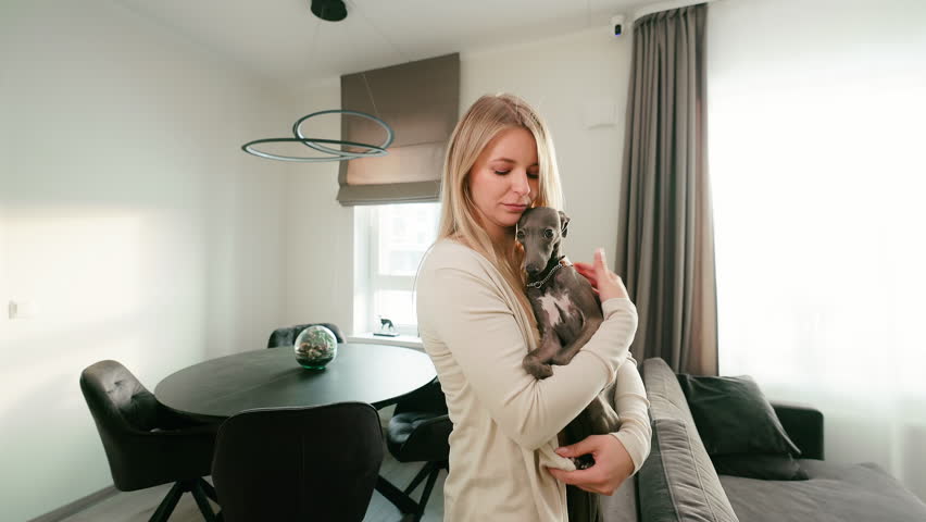 Orbit shot: Caring young woman is holding her Italian Greyhound dog and looking away | Shutterstock HD Video #1099286417