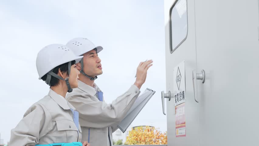 Workers inspecting building equipment. Maintenance and inspection. Japanese translation:"Substation facility"
