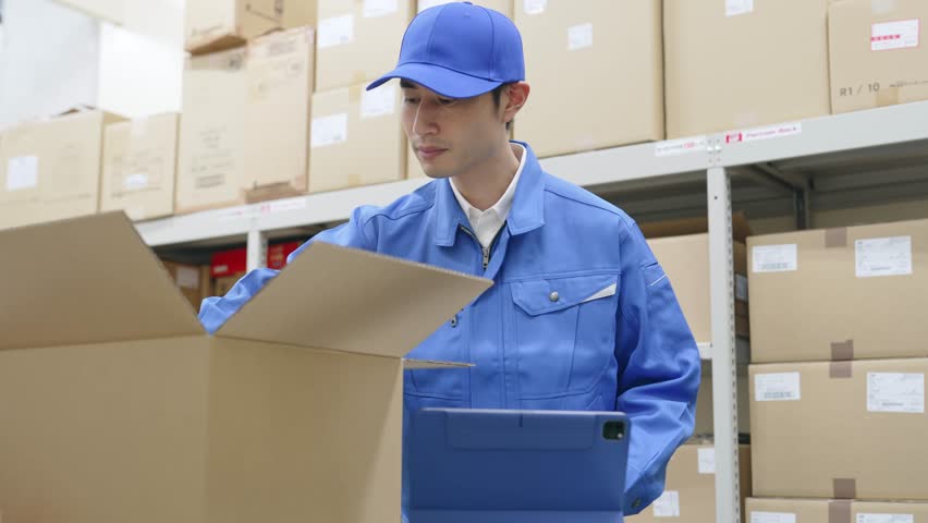 A worker who inspects products and chucks them with a tablet. Royalty-Free Stock Footage #1099288353