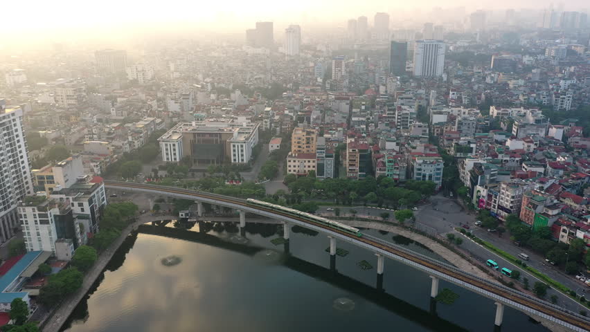 Drone view, aerial view of Vietnam Hanoi city and the sunlight that shines in the morning
